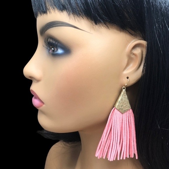 Long Vegan Leather Suede Pink Tassel Gold Dangle Earrings - Picture 3 of 3